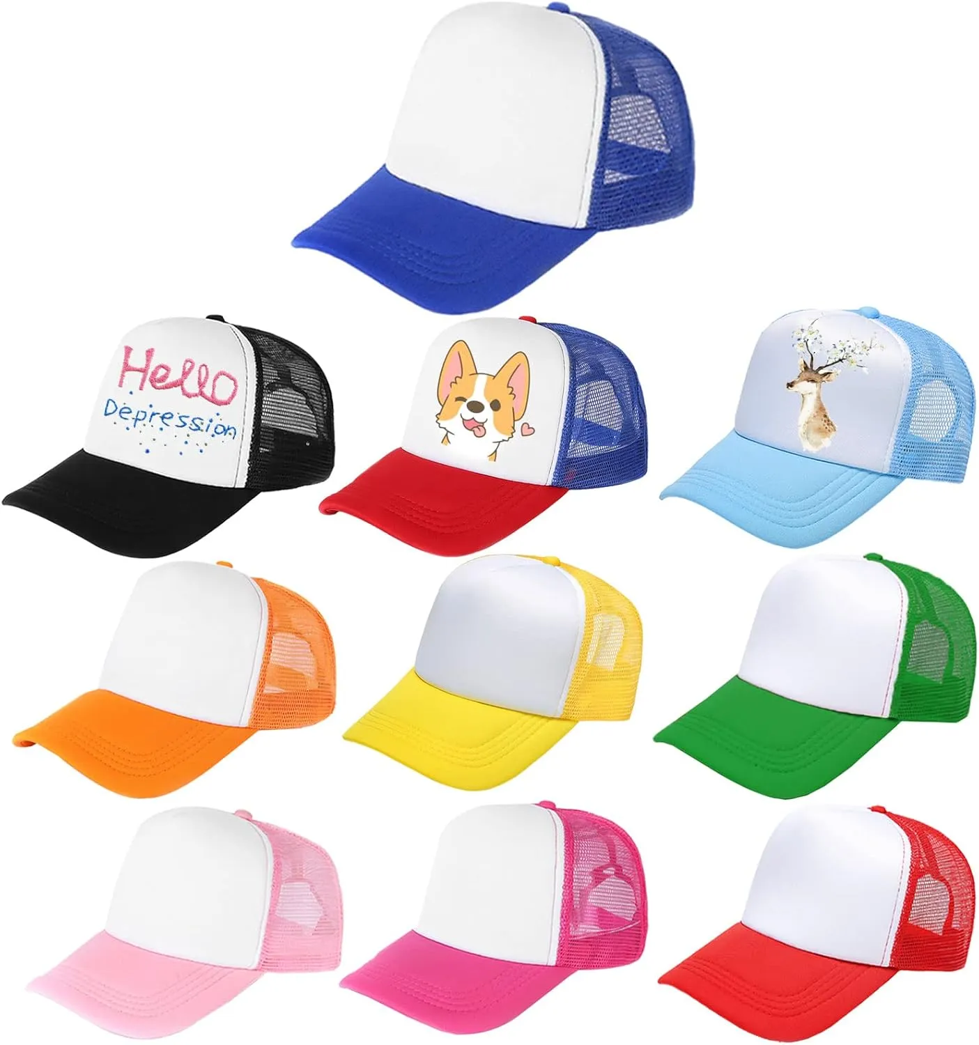 10 Pack Kids Trucker Hats Boys Girls Colorful Baseball Hats Adjustable Sublimation Blank Mesh Plain Baseball Caps
