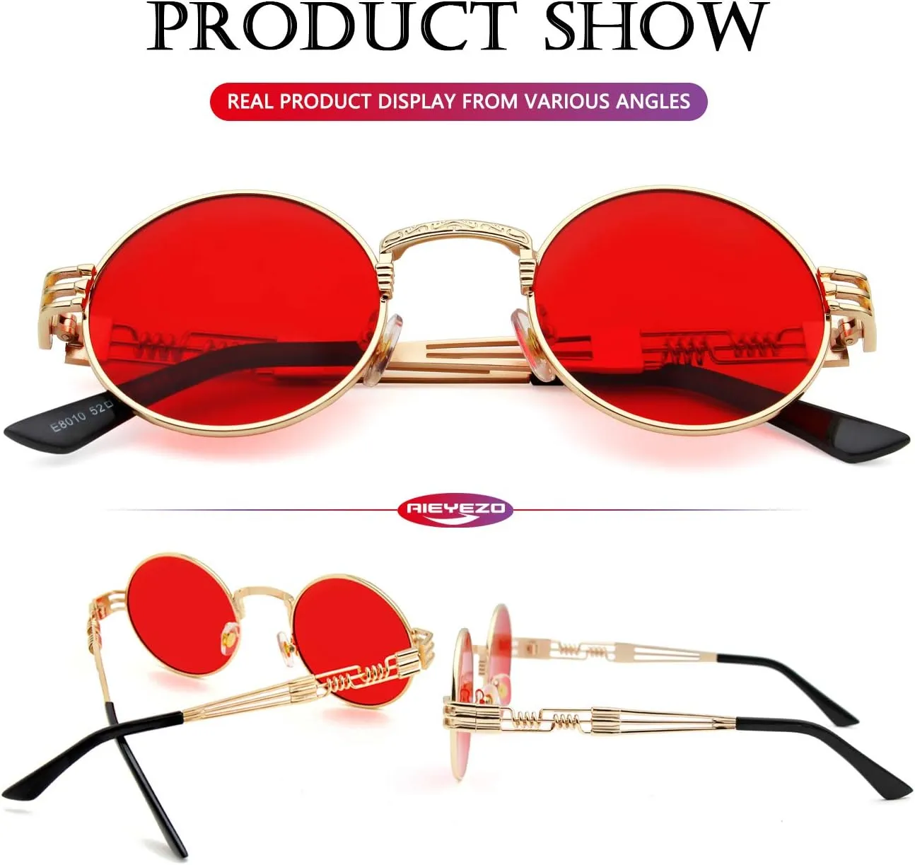 AIEYEZO Round Steampunk Sunglasses Circle Lennon Hippie Glasses Metal Frame 100% UV Blocking Lens
