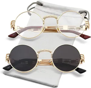 AIEYEZO Round Steampunk Sunglasses Circle Lennon Hippie Glasses Metal Frame 100% UV Blocking Lens