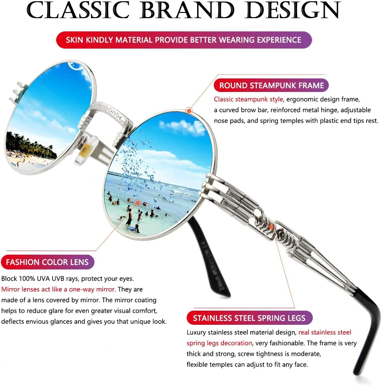 AIEYEZO Round Steampunk Sunglasses Circle Lennon Hippie Glasses Metal Frame 100% UV Blocking Lens