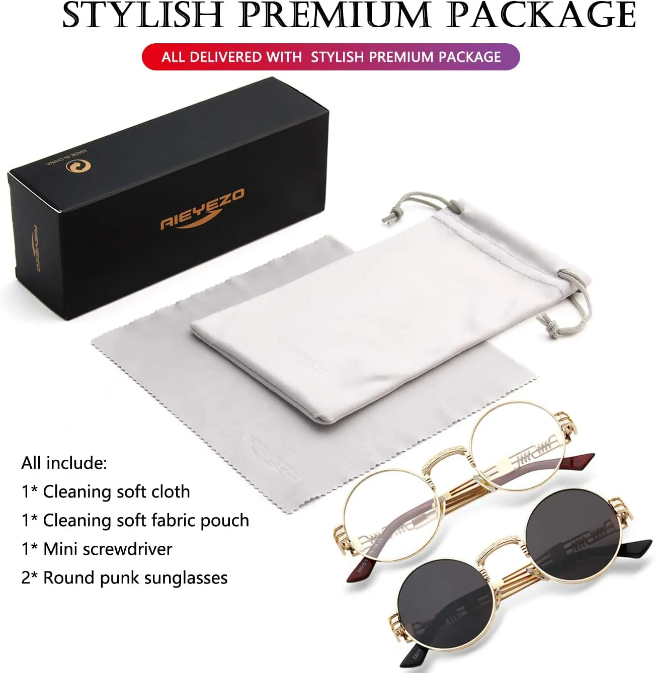 AIEYEZO Round Steampunk Sunglasses Circle Lennon Hippie Glasses Metal Frame 100% UV Blocking Lens
