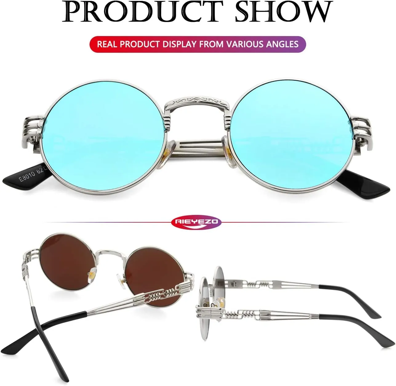 AIEYEZO Round Steampunk Sunglasses Circle Lennon Hippie Glasses Metal Frame 100% UV Blocking Lens