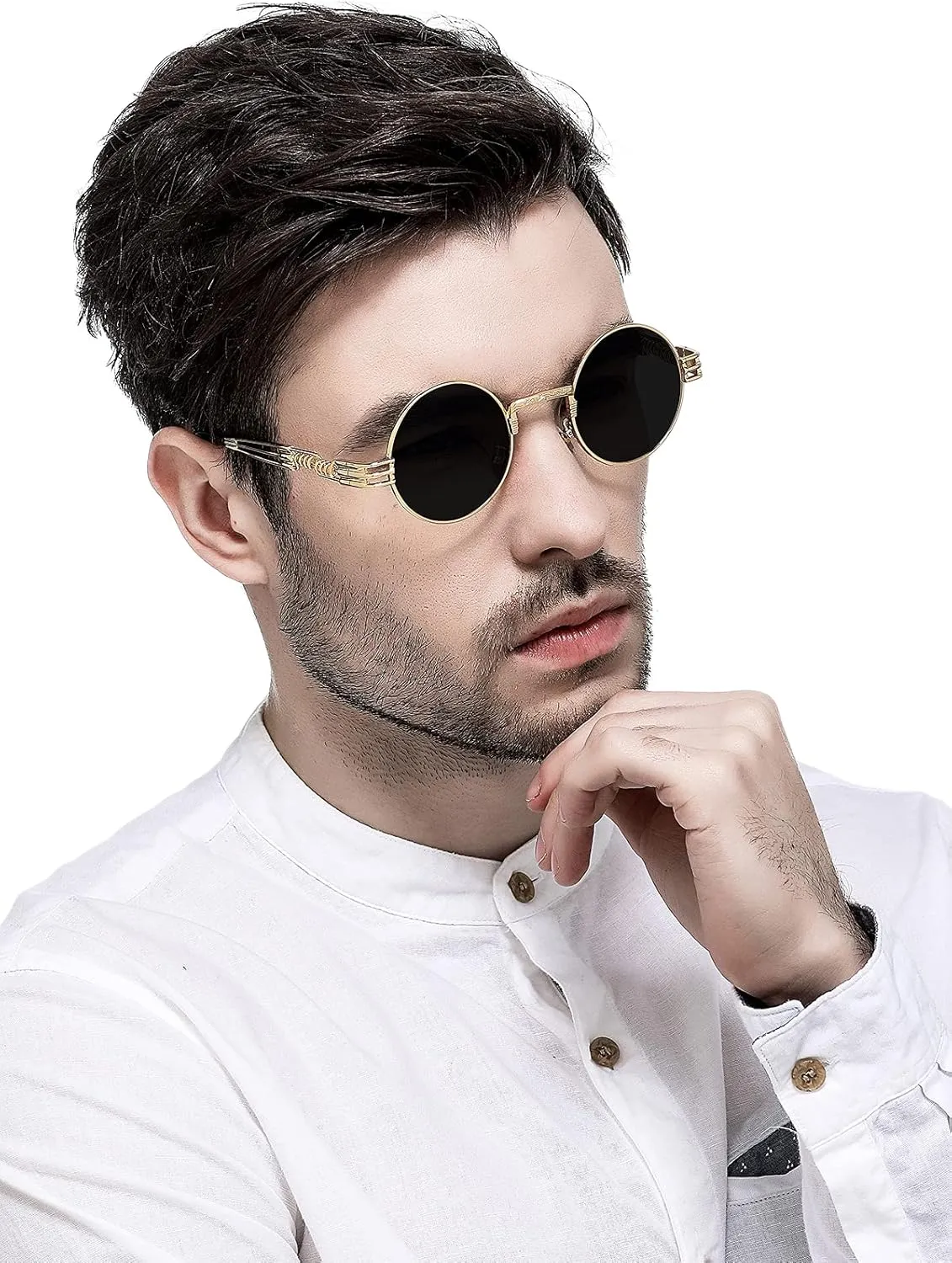 AIEYEZO Round Steampunk Sunglasses Circle Lennon Hippie Glasses Metal Frame 100% UV Blocking Lens