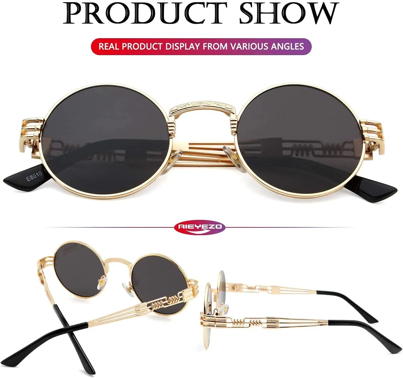 AIEYEZO Round Steampunk Sunglasses Circle Lennon Hippie Glasses Metal Frame 100% UV Blocking Lens