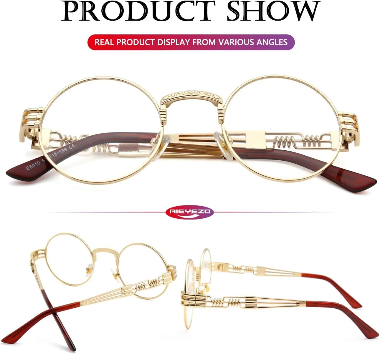 AIEYEZO Round Steampunk Sunglasses Circle Lennon Hippie Glasses Metal Frame 100% UV Blocking Lens