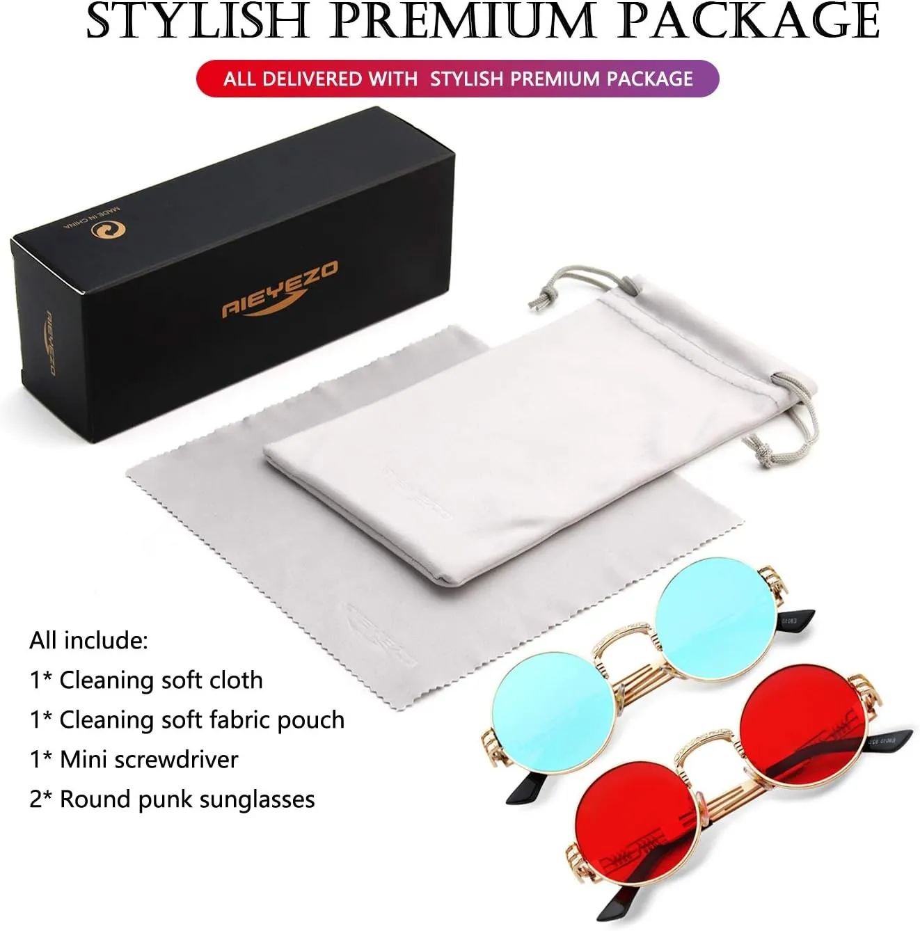 AIEYEZO Round Steampunk Sunglasses Circle Lennon Hippie Glasses Metal Frame 100% UV Blocking Lens