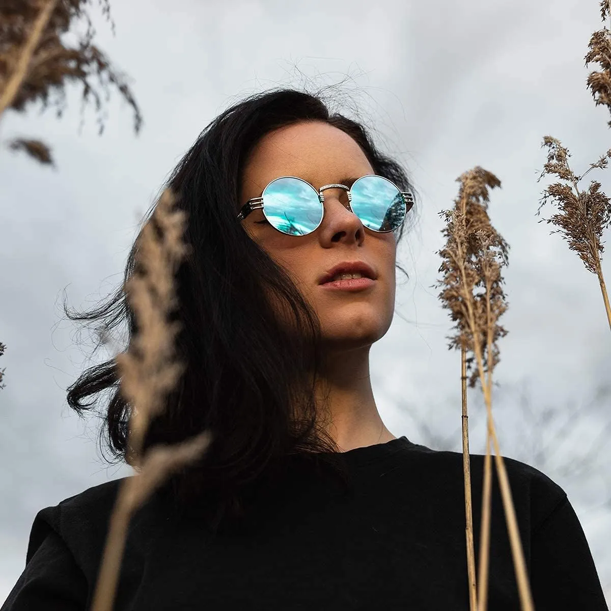 AIEYEZO Round Steampunk Sunglasses Circle Lennon Hippie Glasses Metal Frame 100% UV Blocking Lens