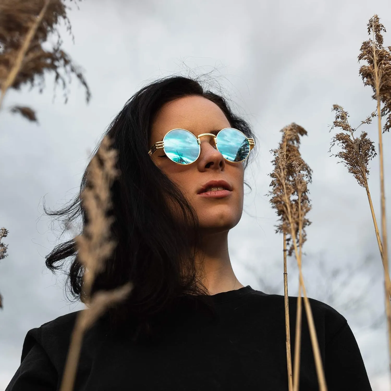 AIEYEZO Round Steampunk Sunglasses Circle Lennon Hippie Glasses Metal Frame 100% UV Blocking Lens