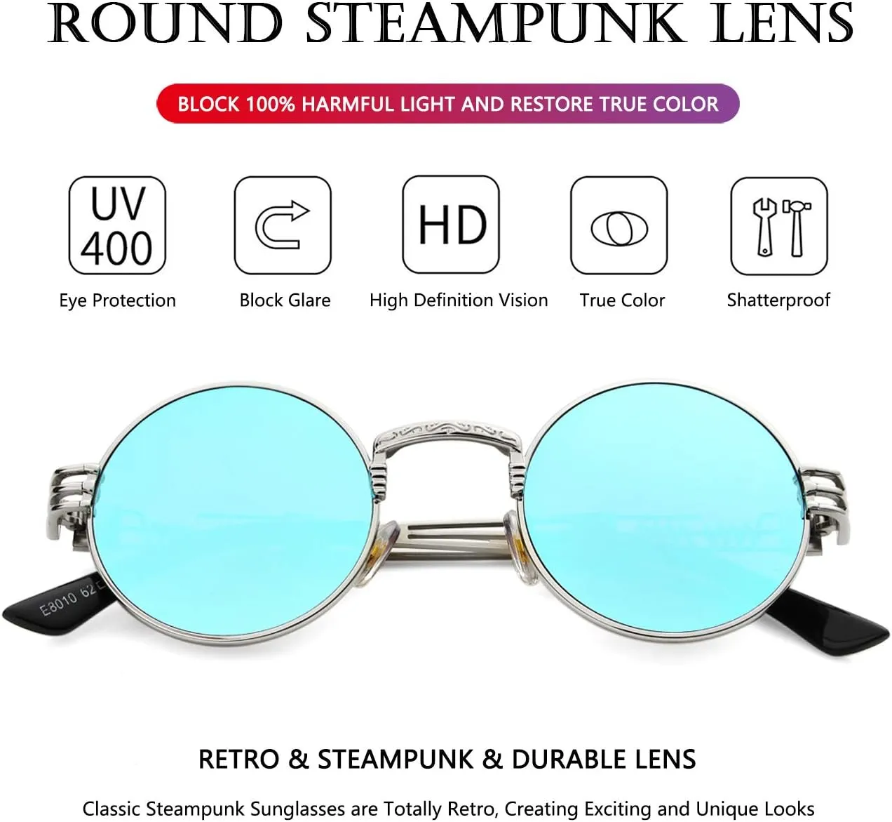AIEYEZO Round Steampunk Sunglasses Circle Lennon Hippie Glasses Metal Frame 100% UV Blocking Lens