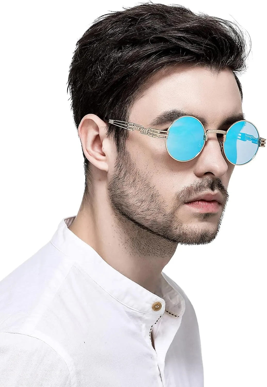 AIEYEZO Round Steampunk Sunglasses Circle Lennon Hippie Glasses Metal Frame 100% UV Blocking Lens