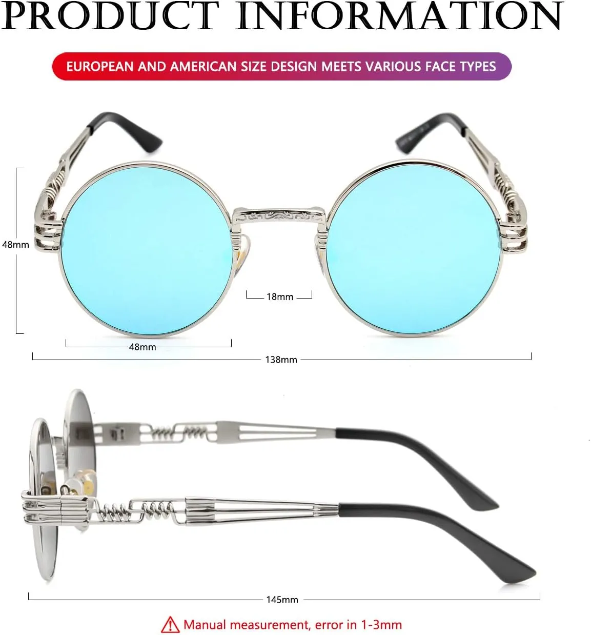 AIEYEZO Round Steampunk Sunglasses Circle Lennon Hippie Glasses Metal Frame 100% UV Blocking Lens