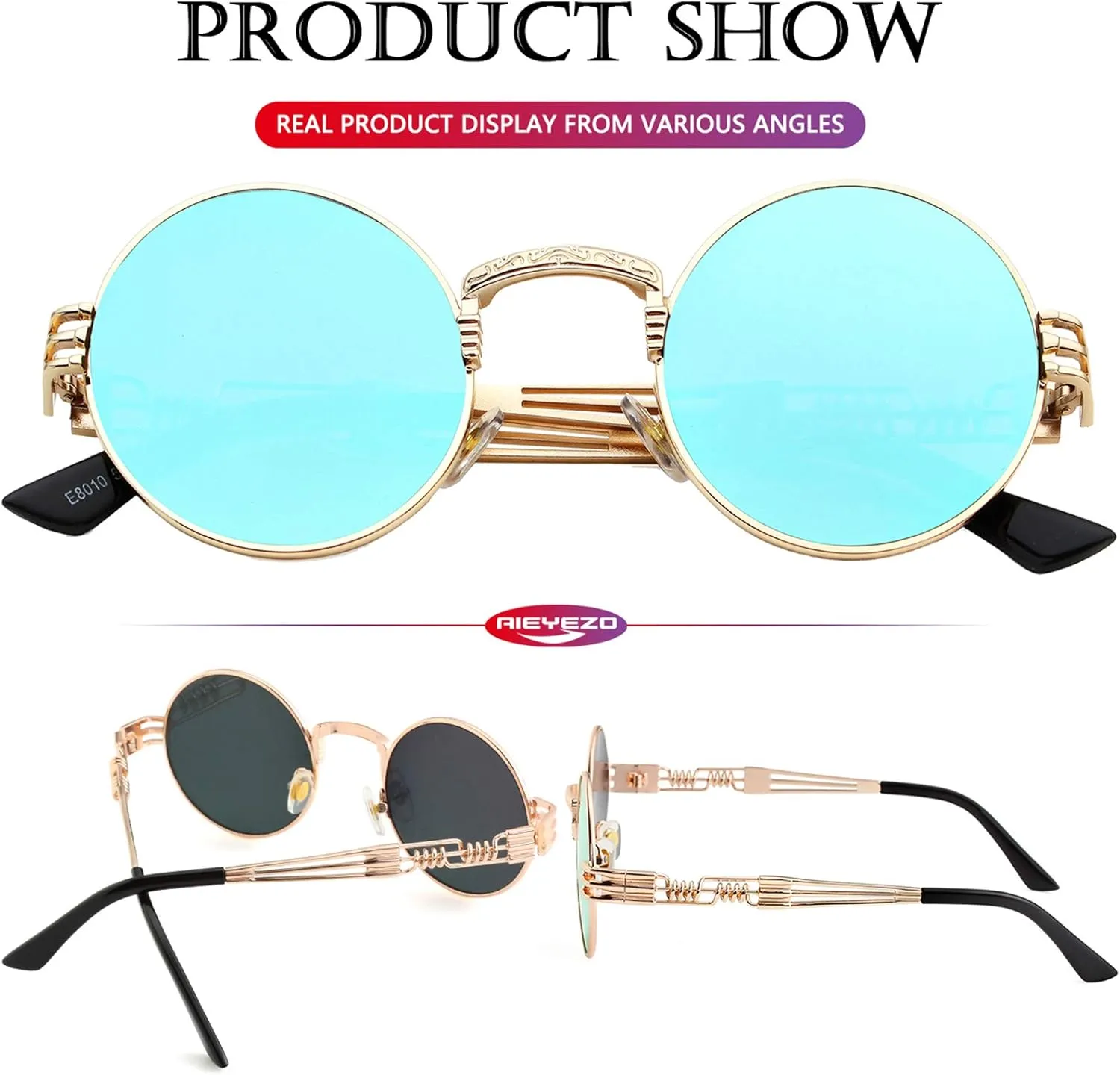 AIEYEZO Round Steampunk Sunglasses Circle Lennon Hippie Glasses Metal Frame 100% UV Blocking Lens