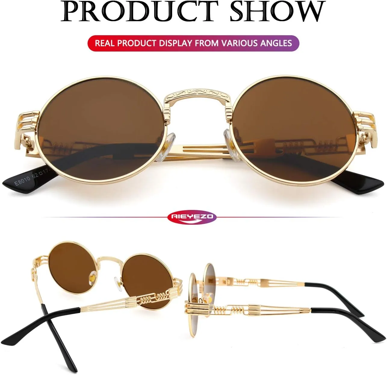 AIEYEZO Round Steampunk Sunglasses Circle Lennon Hippie Glasses Metal Frame 100% UV Blocking Lens