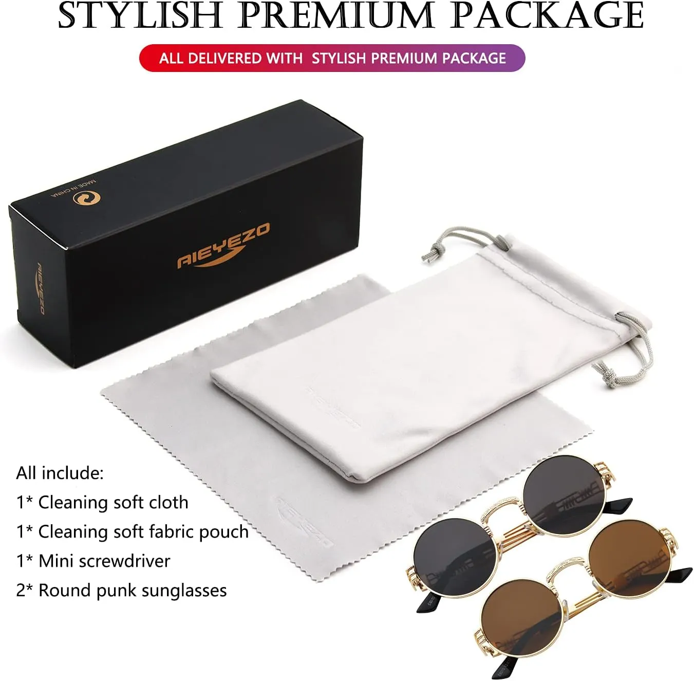 AIEYEZO Round Steampunk Sunglasses Circle Lennon Hippie Glasses Metal Frame 100% UV Blocking Lens
