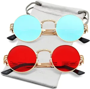 AIEYEZO Round Steampunk Sunglasses Circle Lennon Hippie Glasses Metal Frame 100% UV Blocking Lens