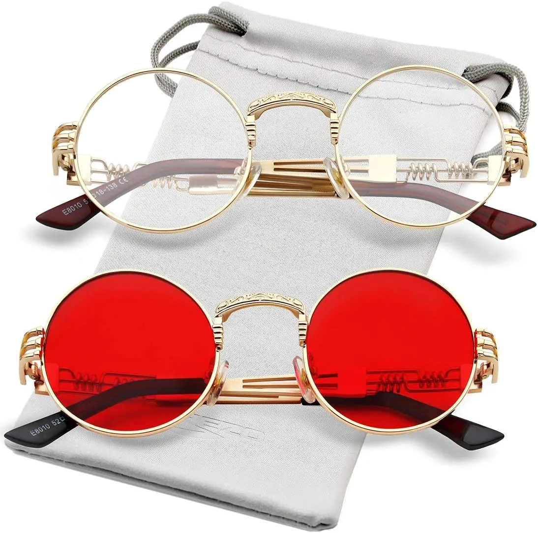 AIEYEZO Round Steampunk Sunglasses Circle Lennon Hippie Glasses Metal Frame 100% UV Blocking Lens