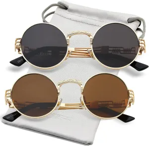 AIEYEZO Round Steampunk Sunglasses Circle Lennon Hippie Glasses Metal Frame 100% UV Blocking Lens