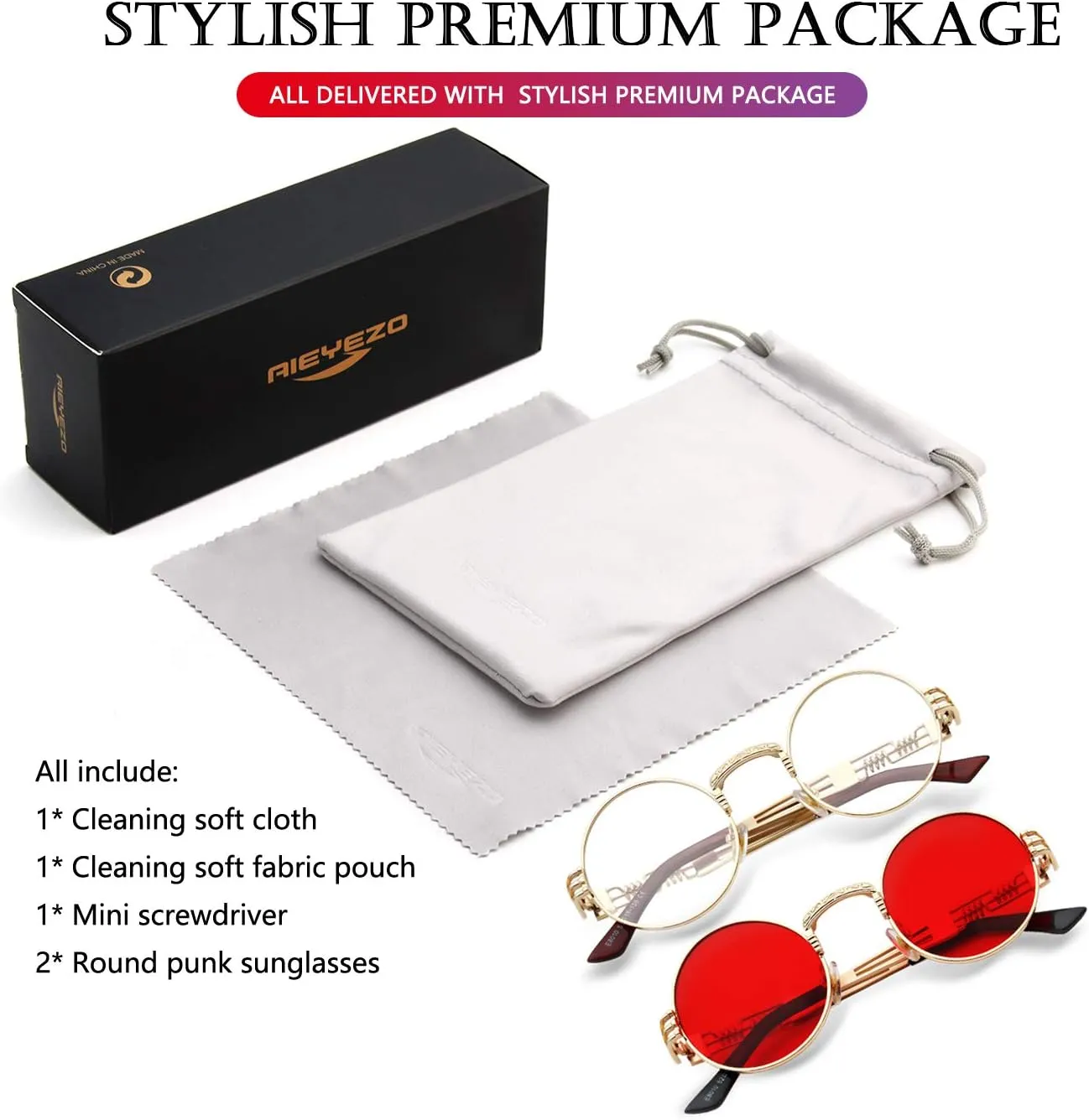 AIEYEZO Round Steampunk Sunglasses Circle Lennon Hippie Glasses Metal Frame 100% UV Blocking Lens
