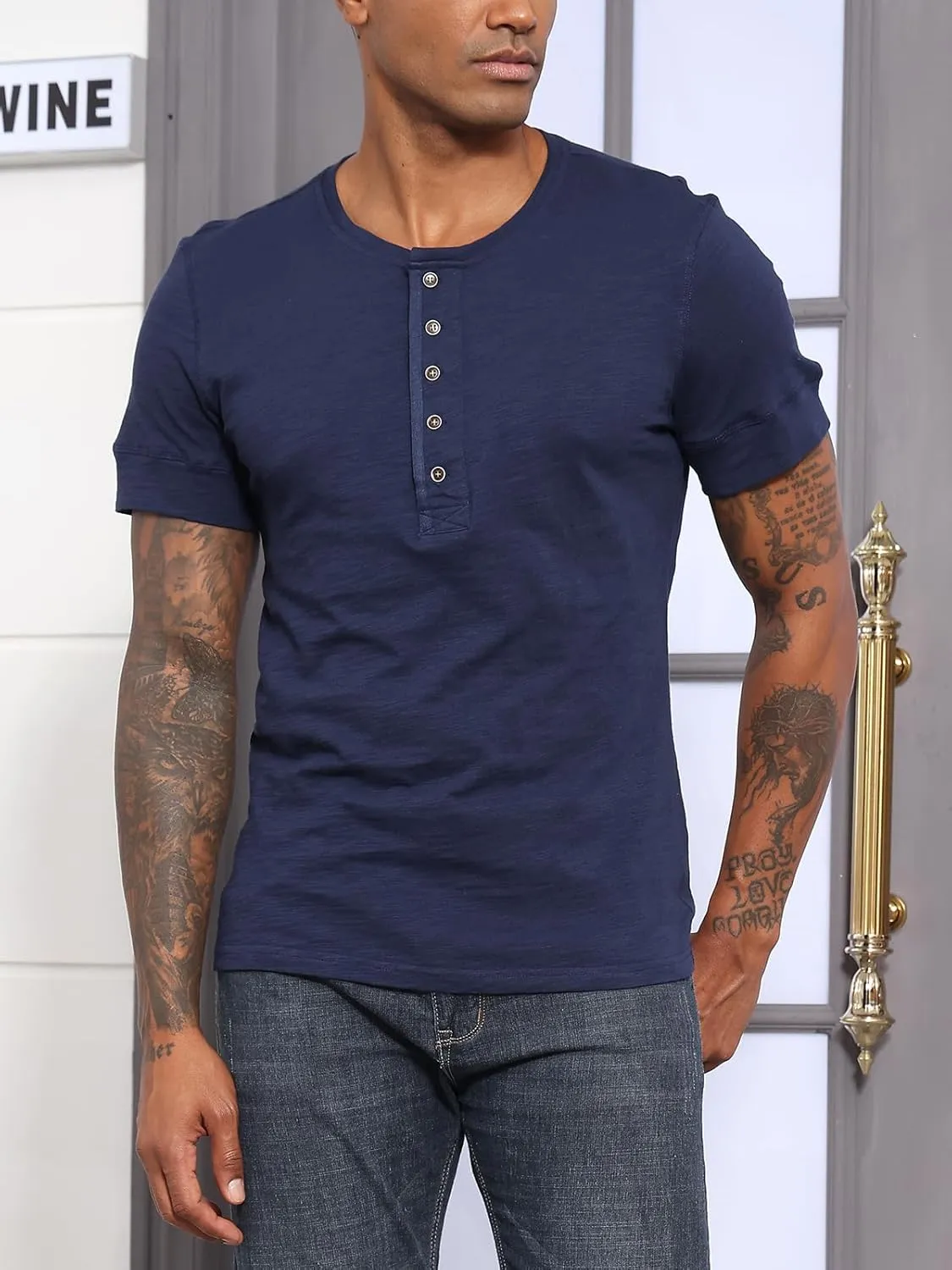 Angbater Mens Short Sleeve Henley Shirts Casual Button T-Shirts Lightweight Basic Cotton Tops