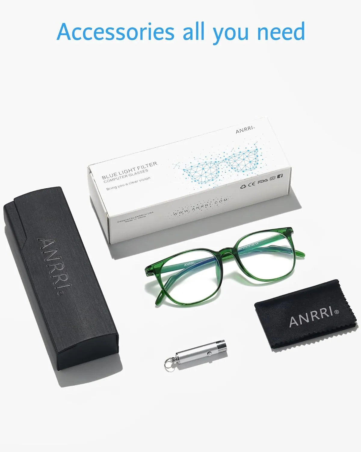 ANRRI Blue Light Blocking Glasses Round Lightweight Eyeglasses Frame Filter Blue Light Computer Game Glasses Green Frame for Men and Women