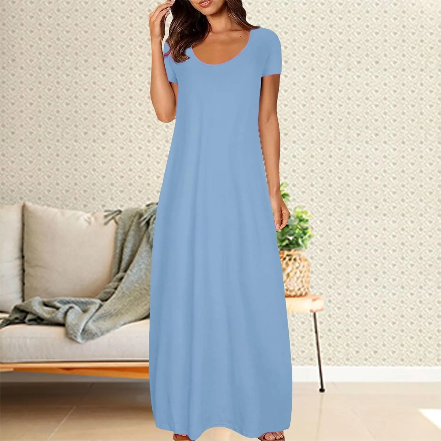 Beach Sundress for Women Summer Vacation Casual Crewneck Sundress Loose Fit Flowy Summer Boho Long Linen Dresses