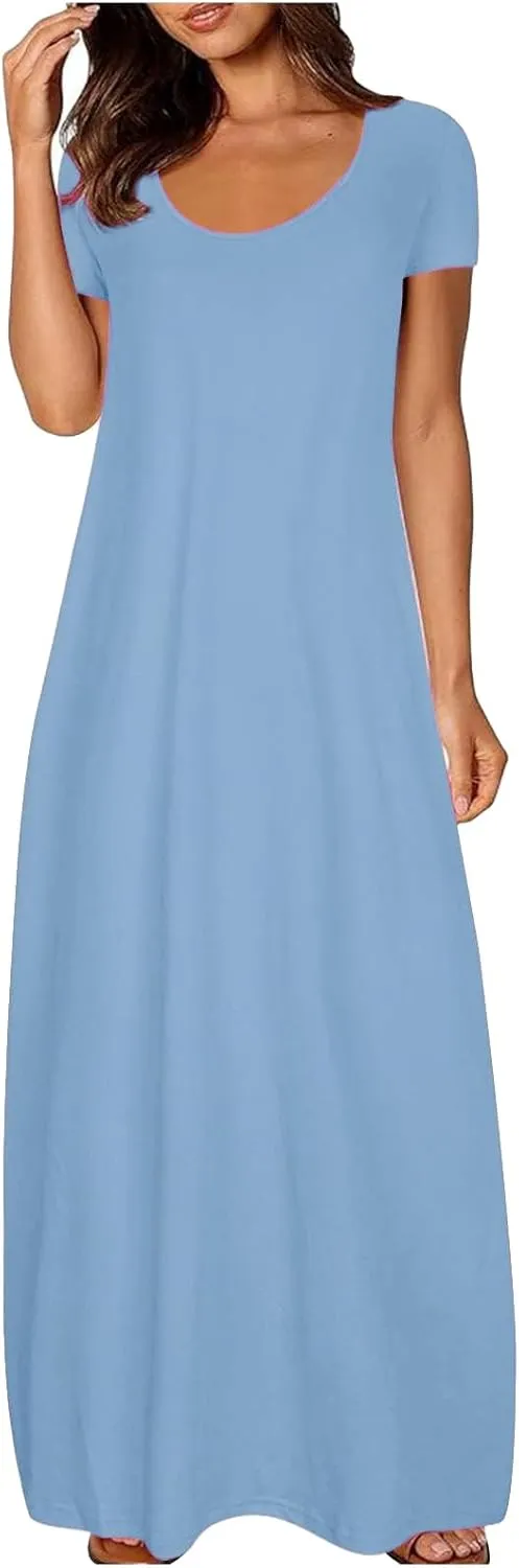 Beach Sundress for Women Summer Vacation Casual Crewneck Sundress Loose Fit Flowy Summer Boho Long Linen Dresses