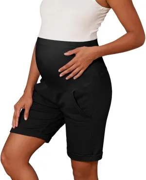 Bhome Maternity Bermuda Shorts Over The Belly Workout Loose Casual Pregnancy Pants with Pockets
