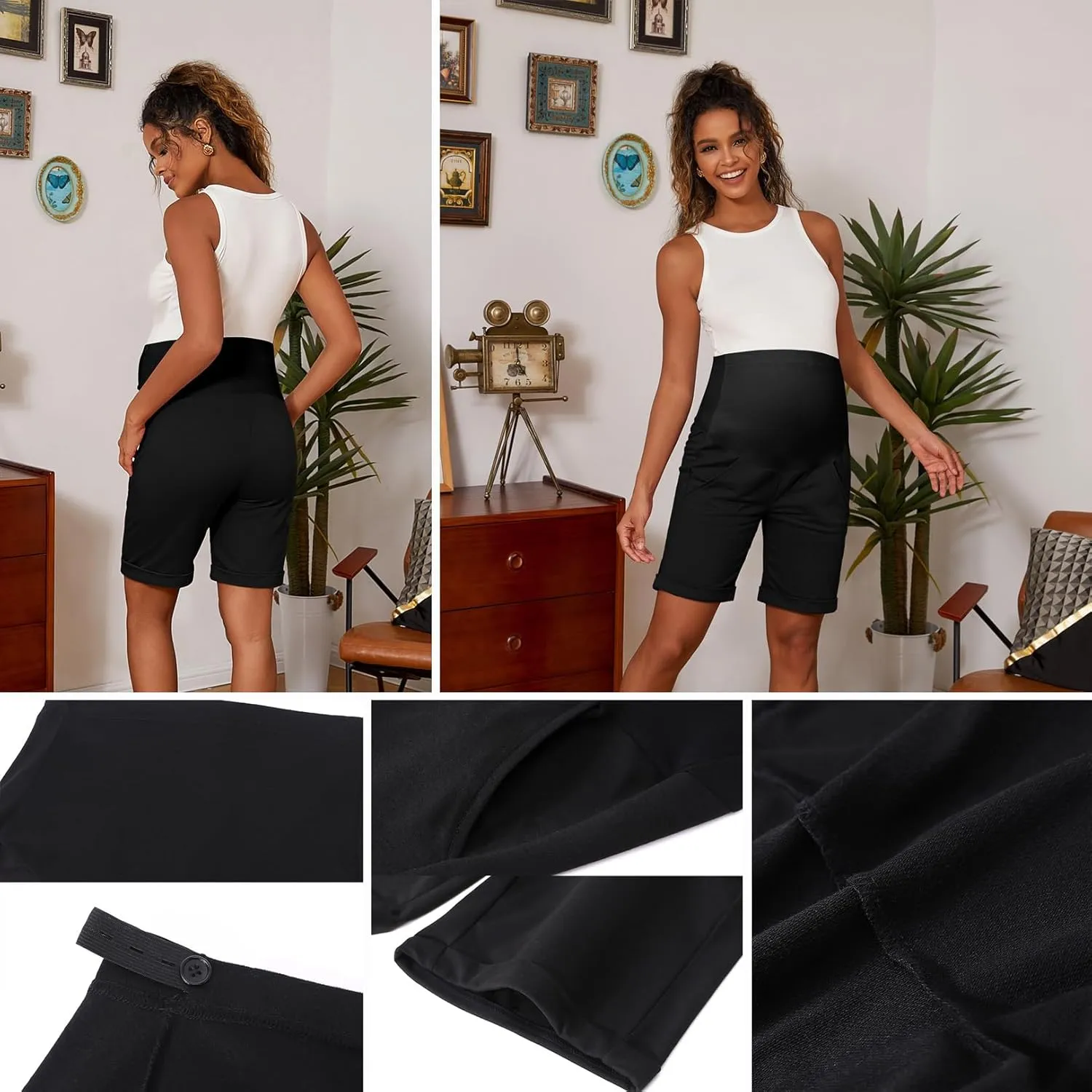 Bhome Maternity Bermuda Shorts Over The Belly Workout Loose Casual Pregnancy Pants with Pockets
