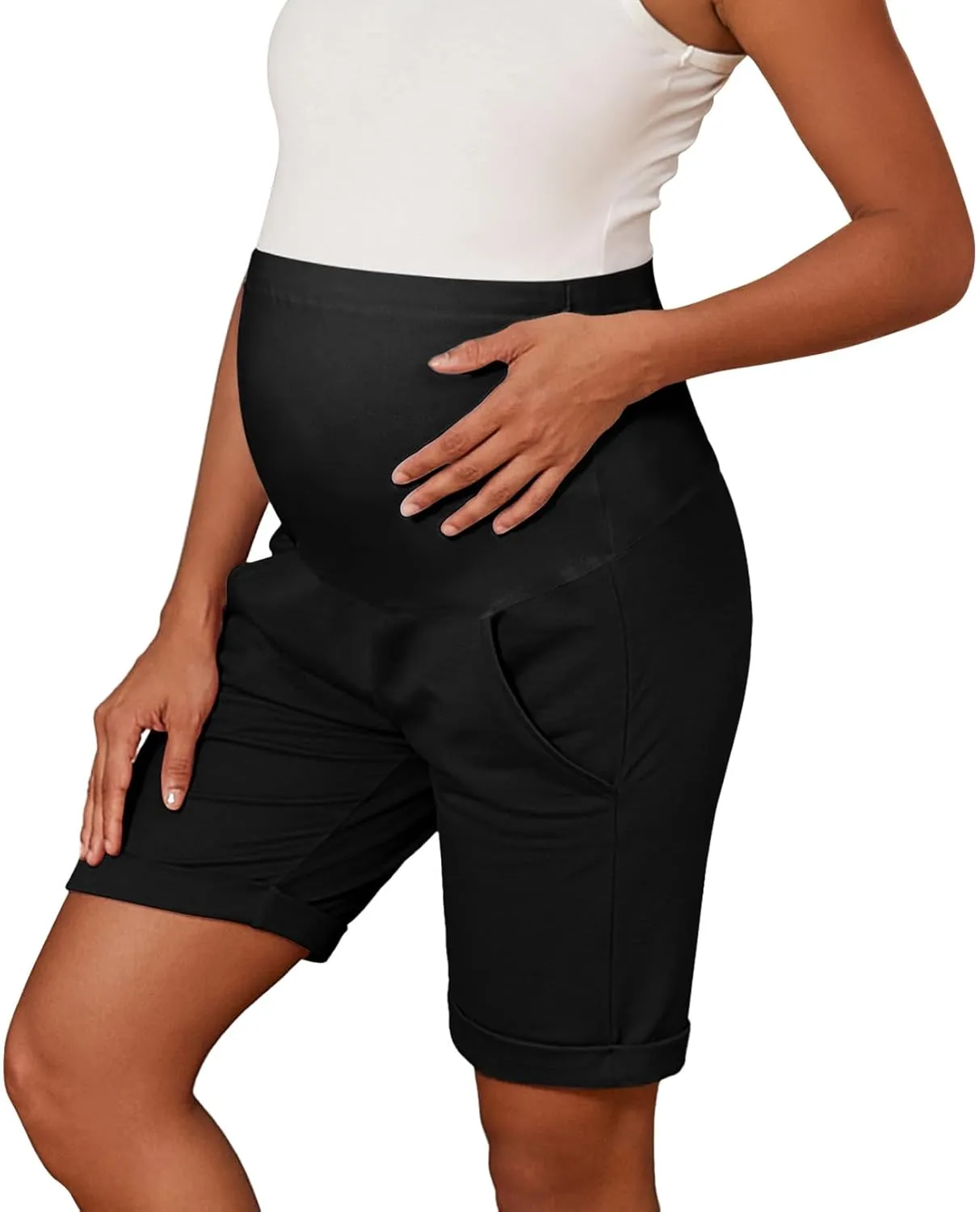 Bhome Maternity Bermuda Shorts Over The Belly Workout Loose Casual Pregnancy Pants with Pockets