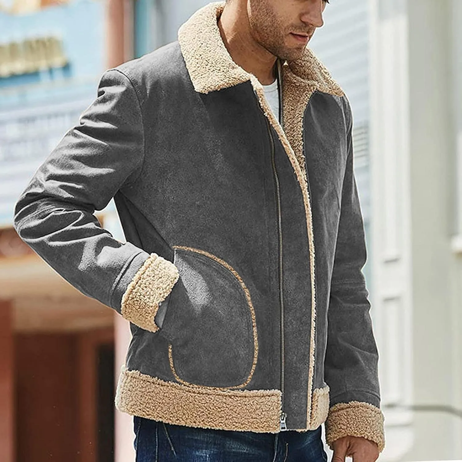 BIFUTON Winter Jackets for Men,Mens Pullover Winter Workout Faux Leather Lapel Jackets Fur Stand Collar Soft Warm Thick Coats