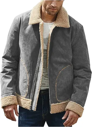 BIFUTON Winter Jackets for Men,Mens Pullover Winter Workout Faux Leather Lapel Jackets Fur Stand Collar Soft Warm Thick Coats