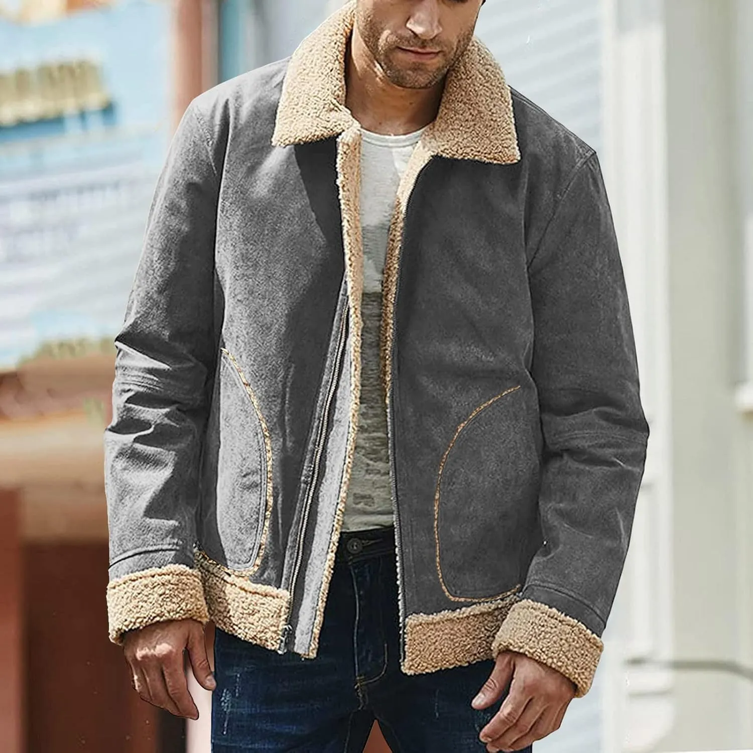 BIFUTON Winter Jackets for Men,Mens Pullover Winter Workout Faux Leather Lapel Jackets Fur Stand Collar Soft Warm Thick Coats