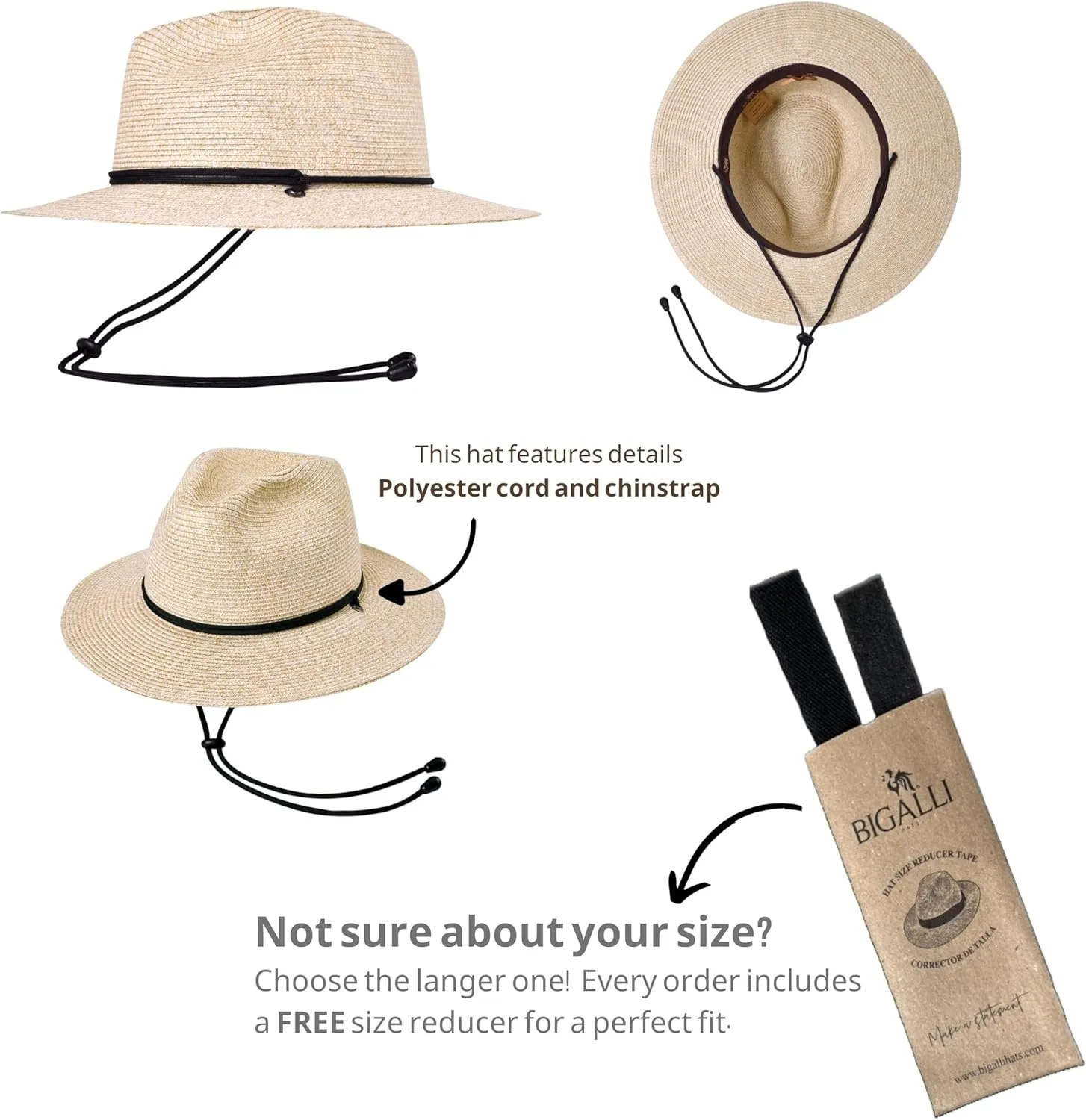 Bigalli Odyssey Poly Braid Straw Fedora Hat for Men Women Summer Beach Derby Hat Center Dent, Cord & Chinstrap, UPF 80