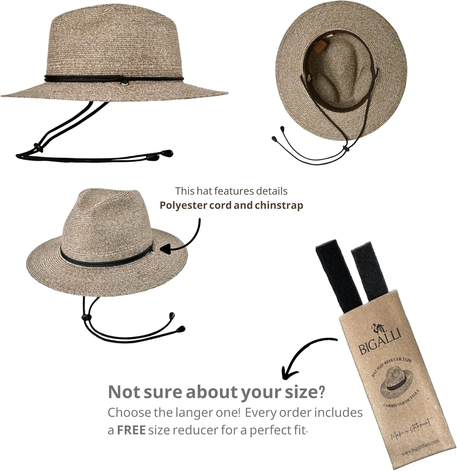 Bigalli Odyssey Poly Braid Straw Fedora Hat for Men Women Summer Beach Derby Hat Center Dent, Cord & Chinstrap, UPF 80
