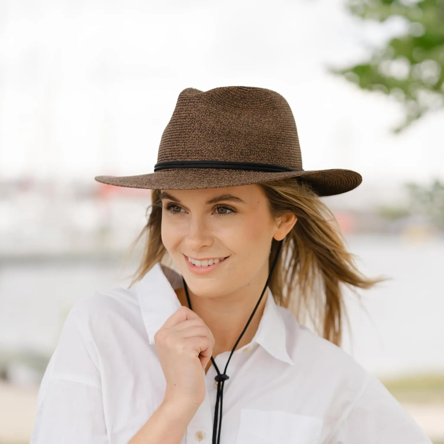 Bigalli Odyssey Poly Braid Straw Fedora Hat for Men Women Summer Beach Derby Hat Center Dent, Cord & Chinstrap, UPF 80