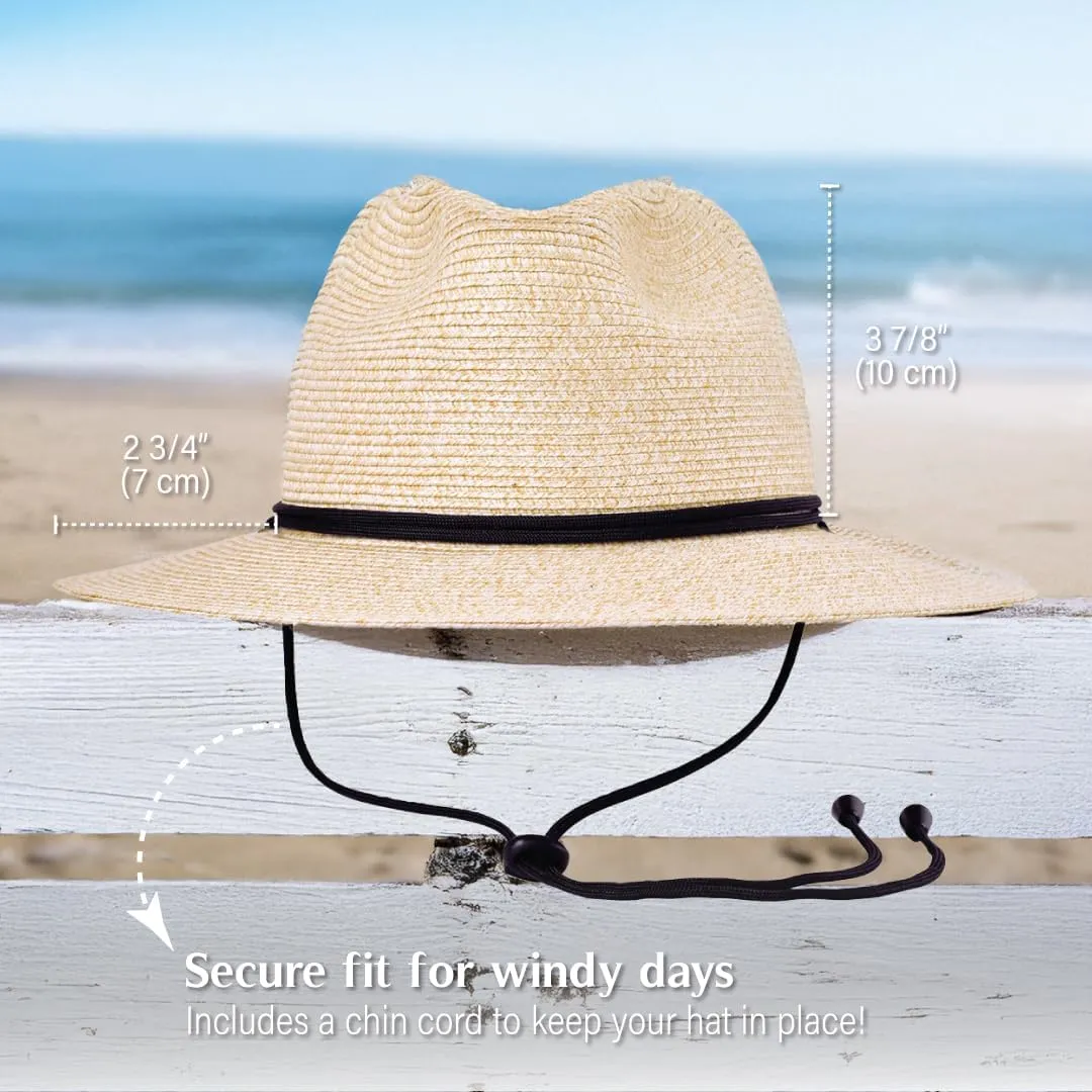 Bigalli Odyssey Poly Braid Straw Fedora Hat for Men Women Summer Beach Derby Hat Center Dent, Cord & Chinstrap, UPF 80