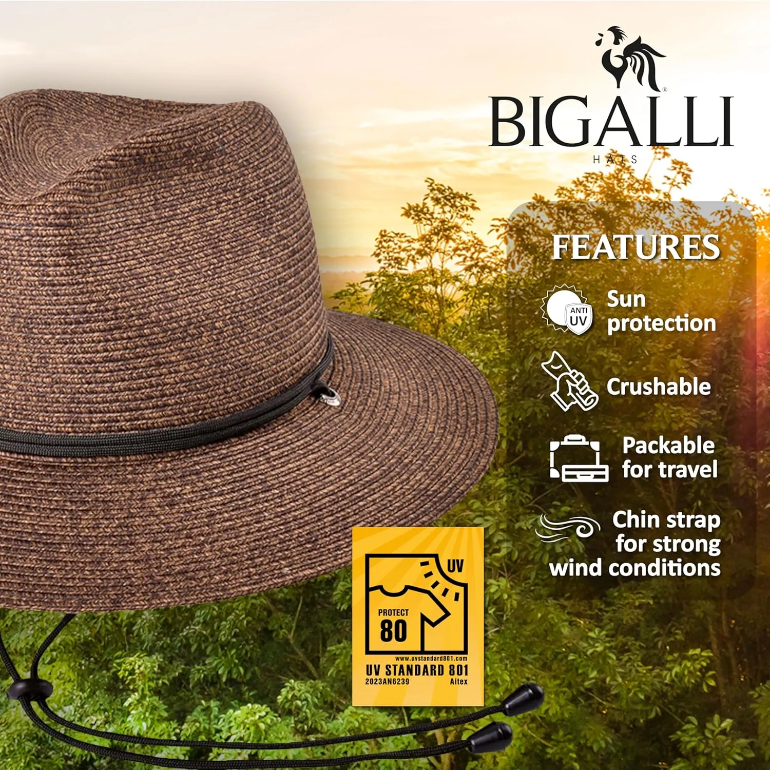 Bigalli Odyssey Poly Braid Straw Fedora Hat for Men Women Summer Beach Derby Hat Center Dent, Cord & Chinstrap, UPF 80
