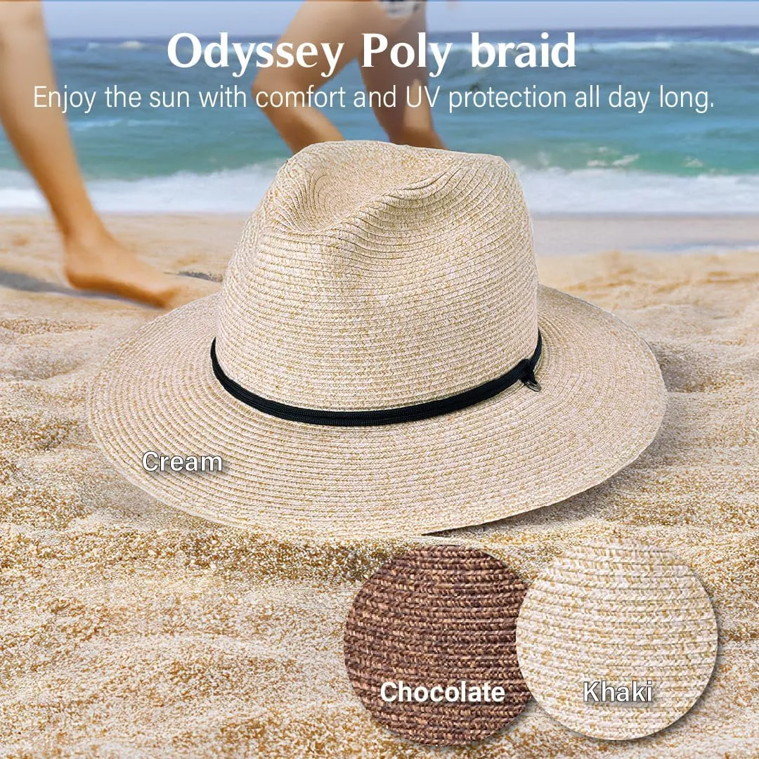Bigalli Odyssey Poly Braid Straw Fedora Hat for Men Women Summer Beach Derby Hat Center Dent, Cord & Chinstrap, UPF 80