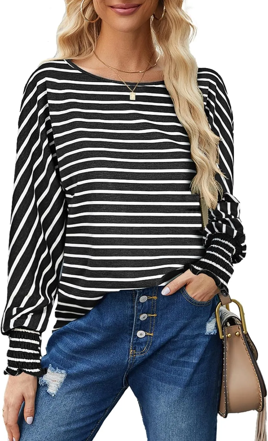 Bluetime Womens Long Sleeve Tops Crew Neck Casual T Shirts Loose Basic Tee Blouse
