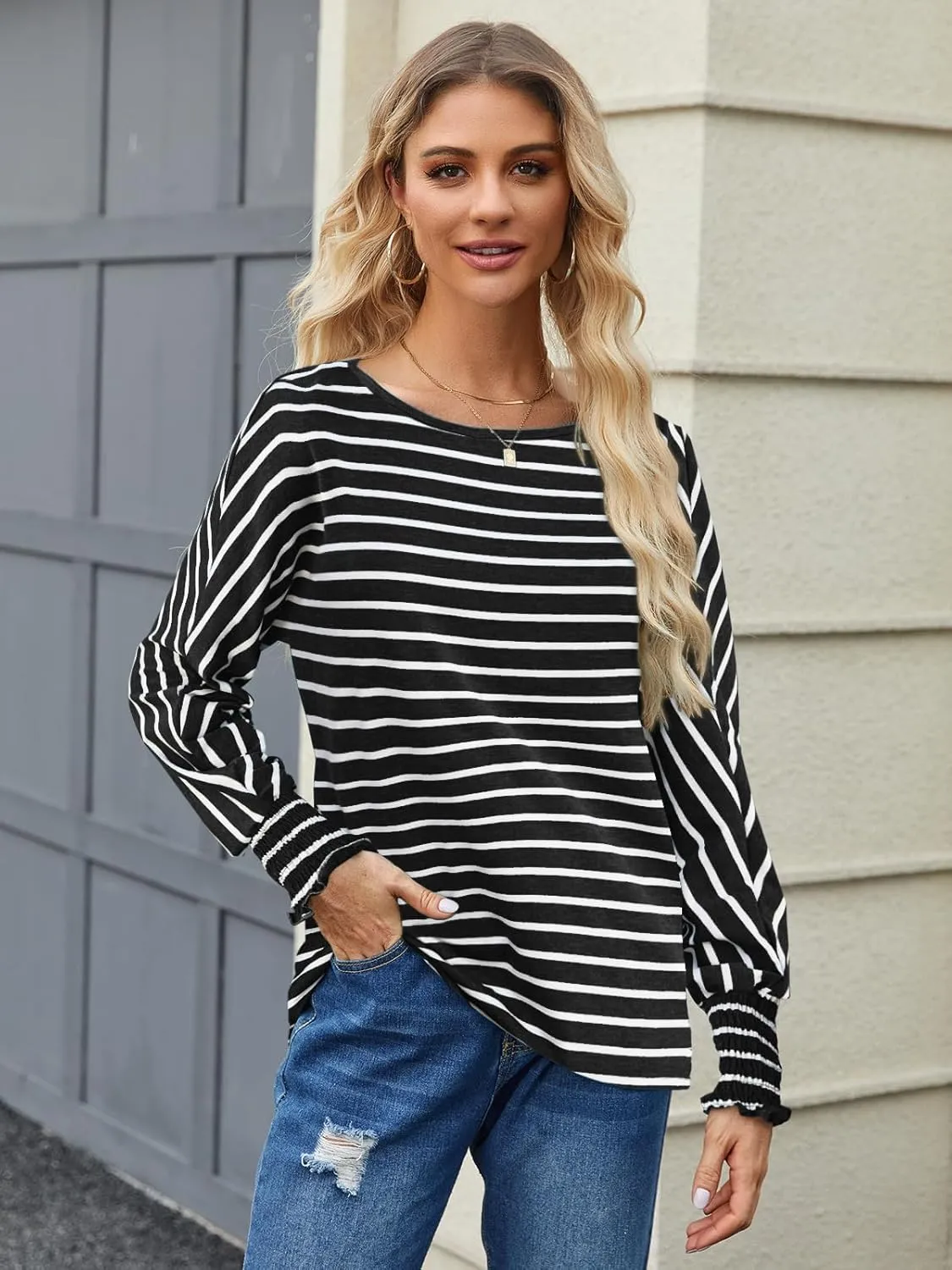 Bluetime Womens Long Sleeve Tops Crew Neck Casual T Shirts Loose Basic Tee Blouse