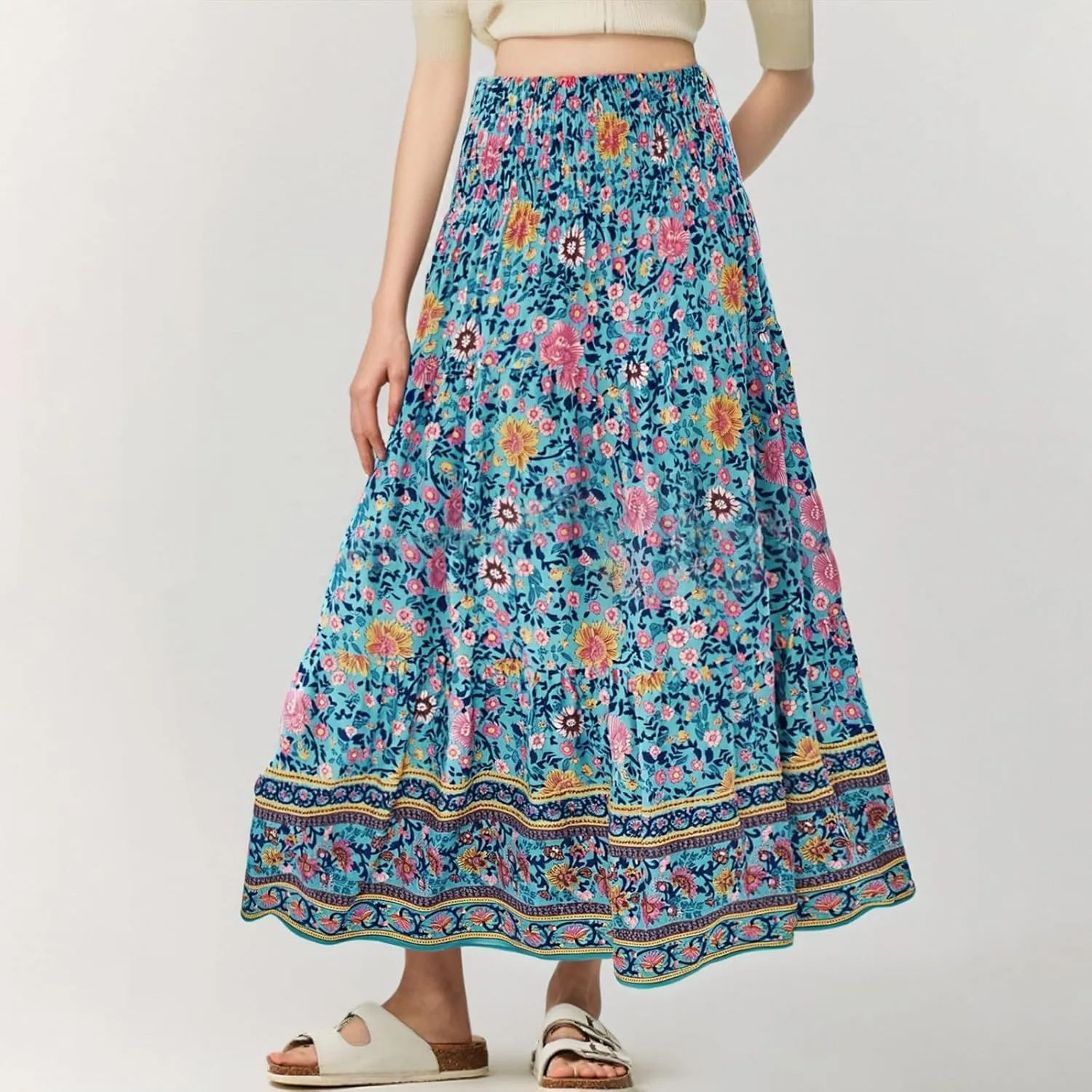 Bohemian Skirts for Women Elastic Waist Beach Floral Country Casual Business Pleated Peasant Smocked Vacation Trendy Skirts