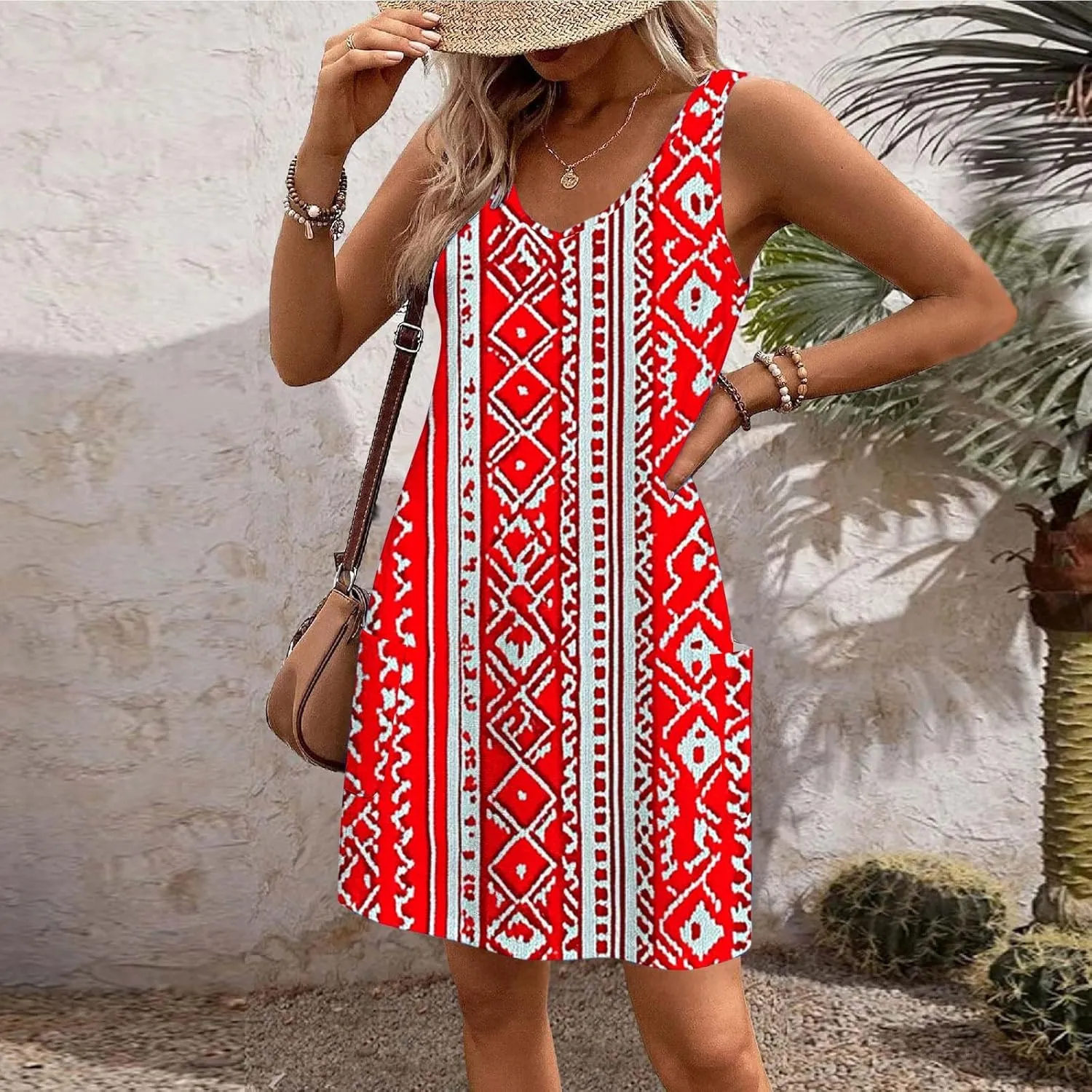 Boho Dress for Women 2025 Summer V-Neck Sleeveless Mini Dresses with Pocket Floral Print Beach Vacation Sundress