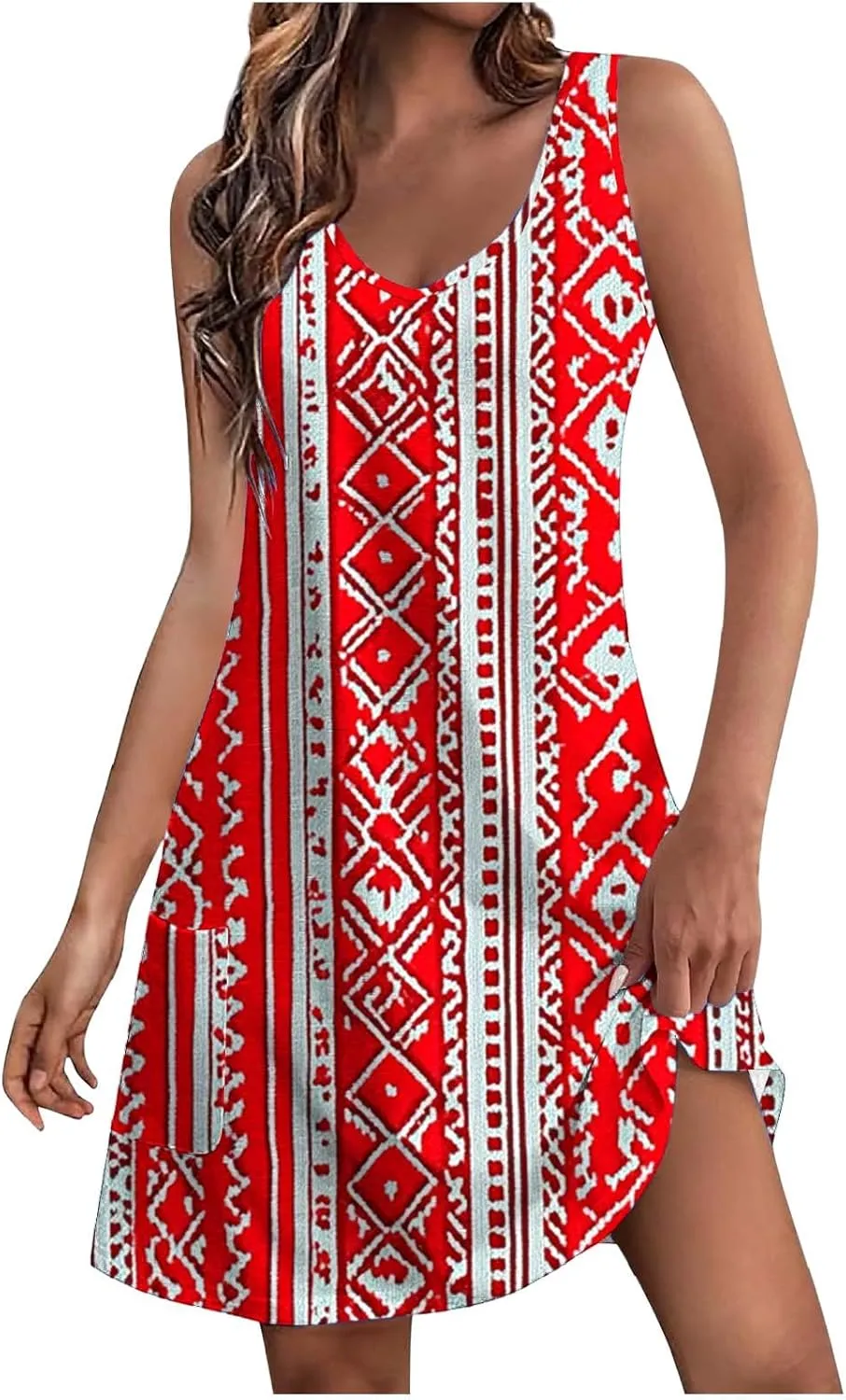 Boho Dress for Women 2025 Summer V-Neck Sleeveless Mini Dresses with Pocket Floral Print Beach Vacation Sundress