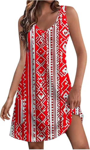 Boho Dress for Women 2025 Summer V-Neck Sleeveless Mini Dresses with Pocket Floral Print Beach Vacation Sundress