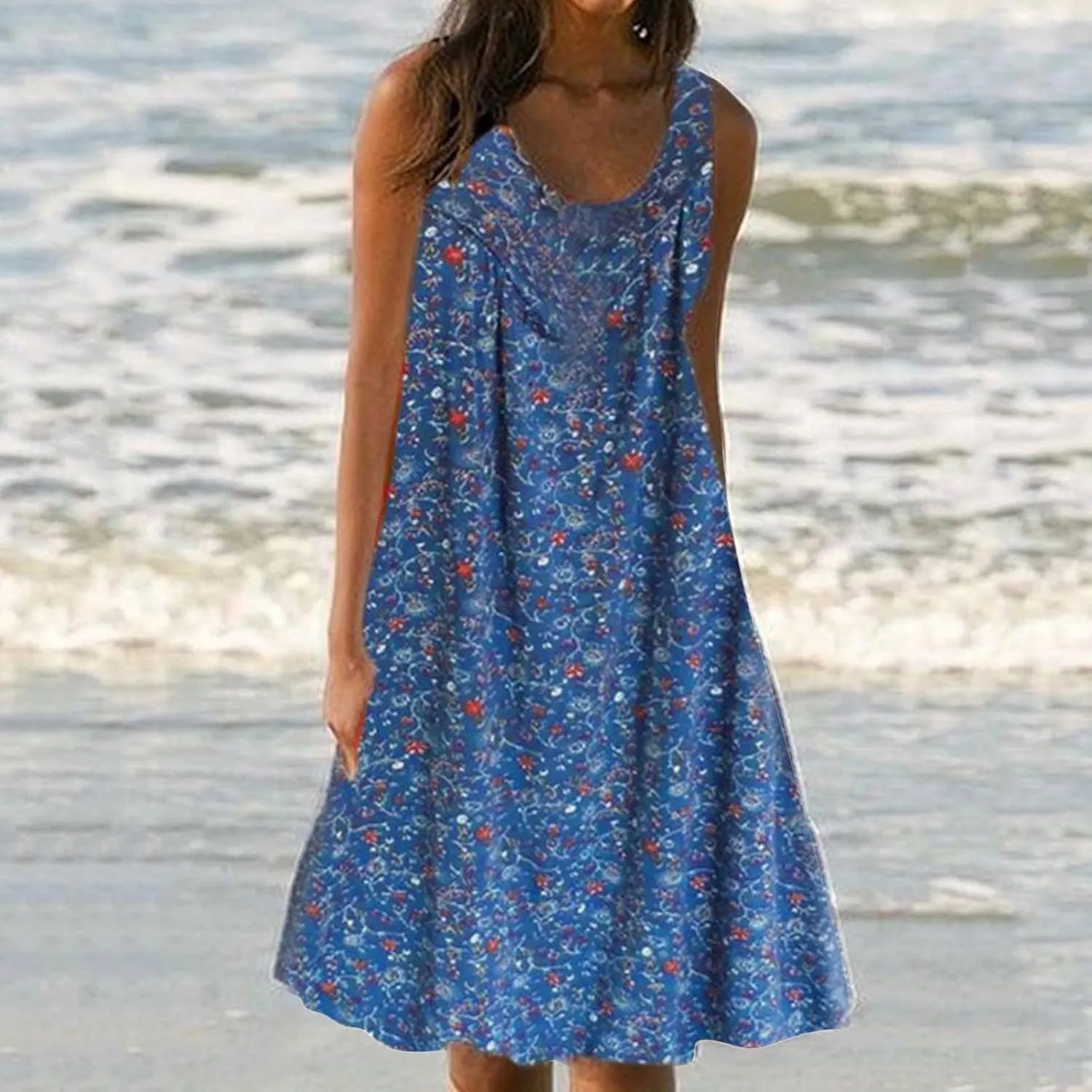 Boho Dresses for Women 2025 Summer Tank Top Dress Sun Dresses Sleeveless Short Dresses Boho Floral Dress with Pockets