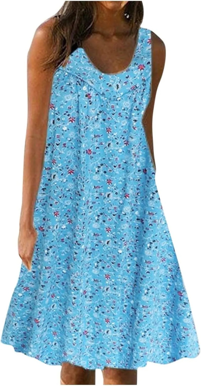 Boho Dresses for Women 2025 Summer Tank Top Dress Sun Dresses Sleeveless Short Dresses Boho Floral Dress with Pockets