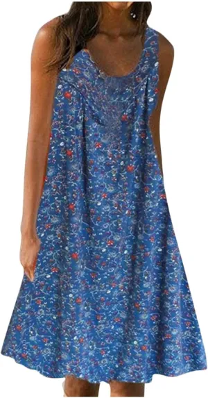 Boho Dresses for Women 2025 Summer Tank Top Dress Sun Dresses Sleeveless Short Dresses Boho Floral Dress with Pockets