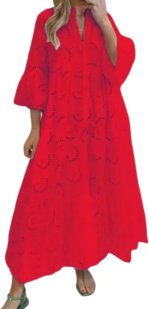 Boho Maxi Dress for Women Eyelet Dresses Elegant Lace Hollow Dress Summer V Neck Bell Sleeve Ruffle Flowy Long Dresses