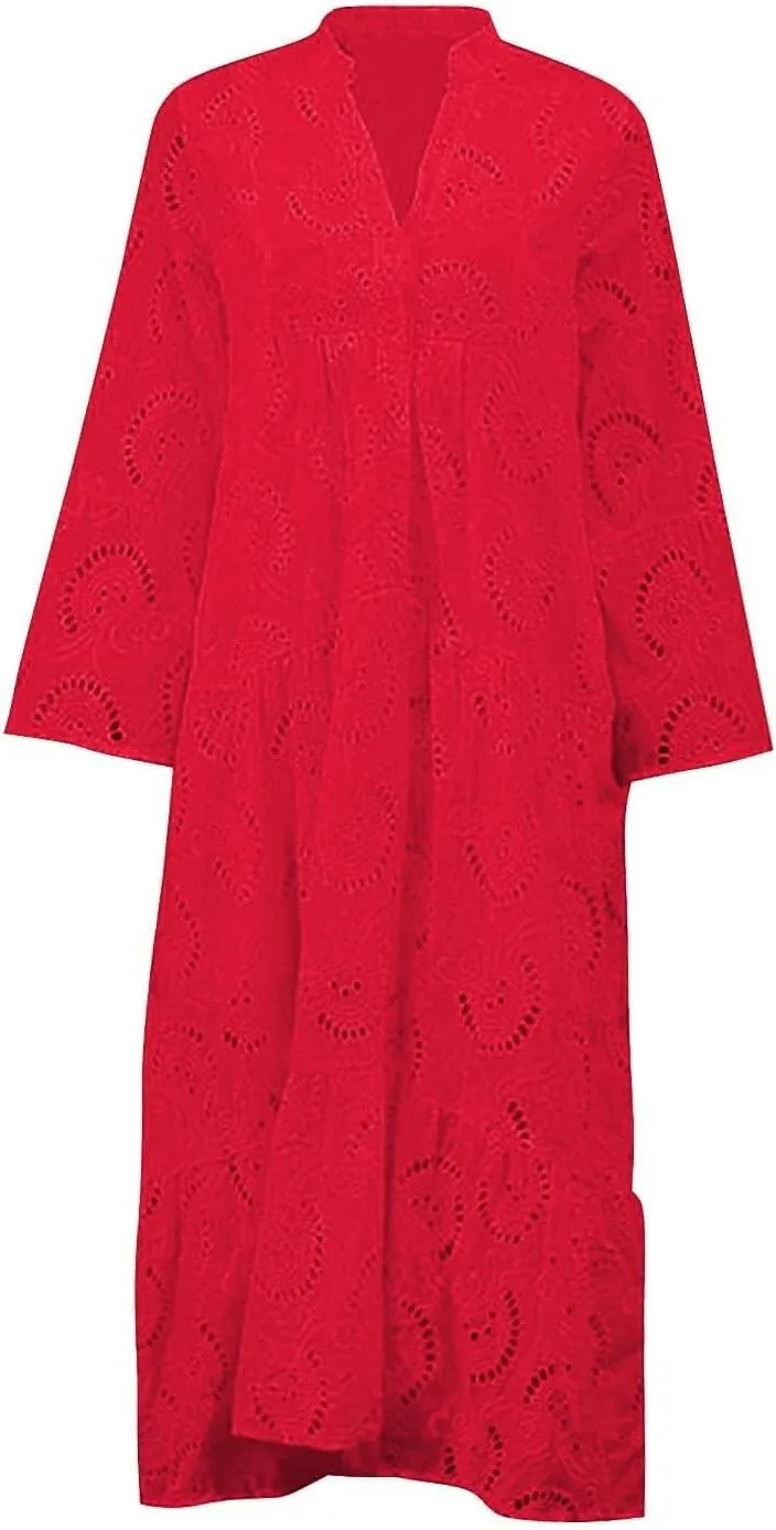 Boho Maxi Dress for Women Eyelet Dresses Elegant Lace Hollow Dress Summer V Neck Bell Sleeve Ruffle Flowy Long Dresses