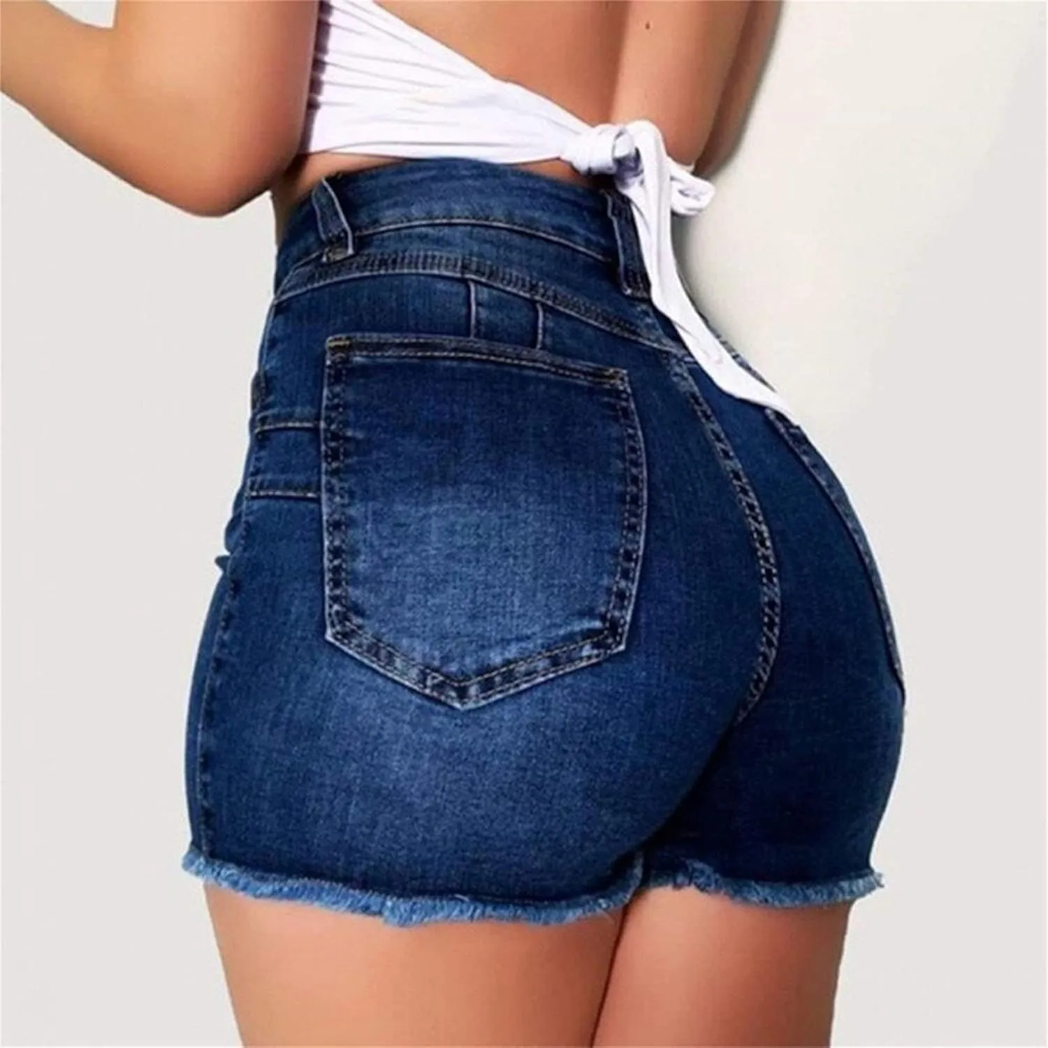 Butt Lift Denim Shorts for Women High Waisted Skinny Stretch Jeans Shorts Hem Ripped Hot Pants with Pockets